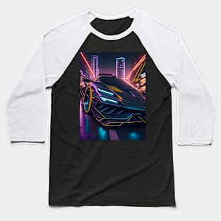 Dark Neon Sports Car in Japanese Neon City Baseball T-Shirt